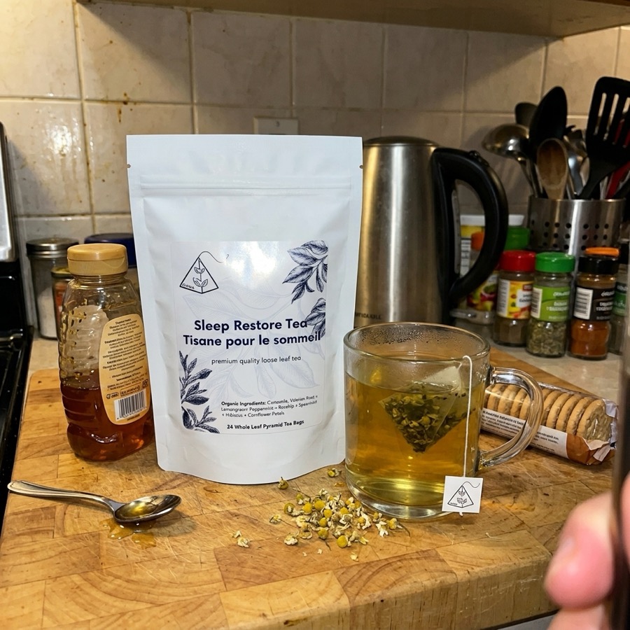 Customer photo — brewing Sleep Restore Tea in the kitchen