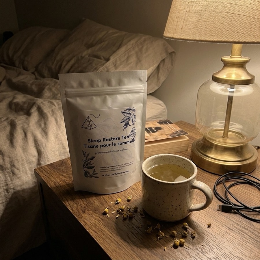 Customer photo — Sleep Restore Tea on the nightstand